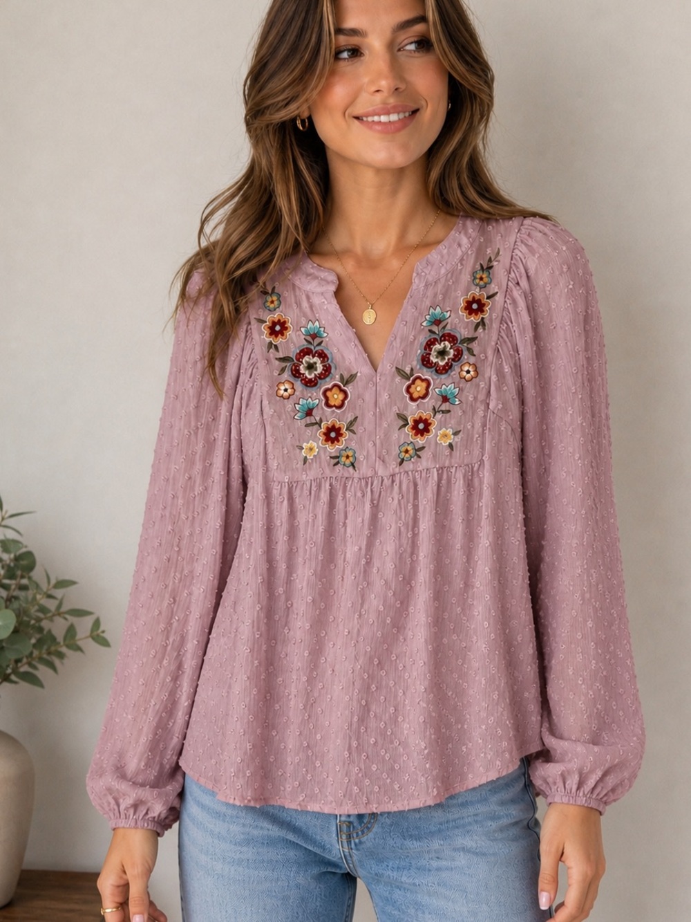 Savanna Jane Light Pink Embroidered V-Neck Tunic